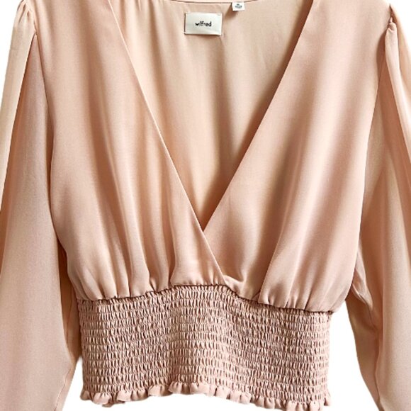 Aritzia Wilfred Wistful Smocked V-Neck Sheer Long Sleeve Blouse Coral Blush XL - Picture 2 of 7